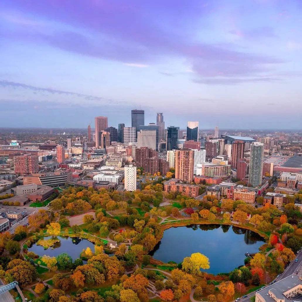 Minneapolis skyline featuring trees and buildings. Photo by Instagram user @mspblacklimo.