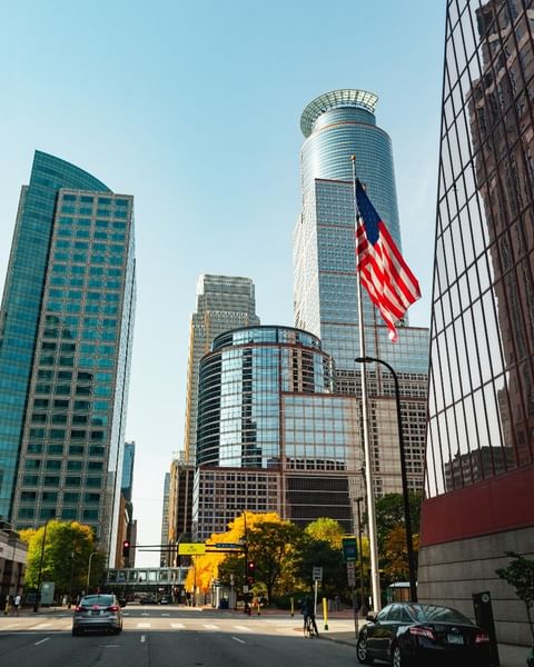 Street view of downtown Minneapolis skyscrapers. Photo by Instagram user @american_i_nickname.