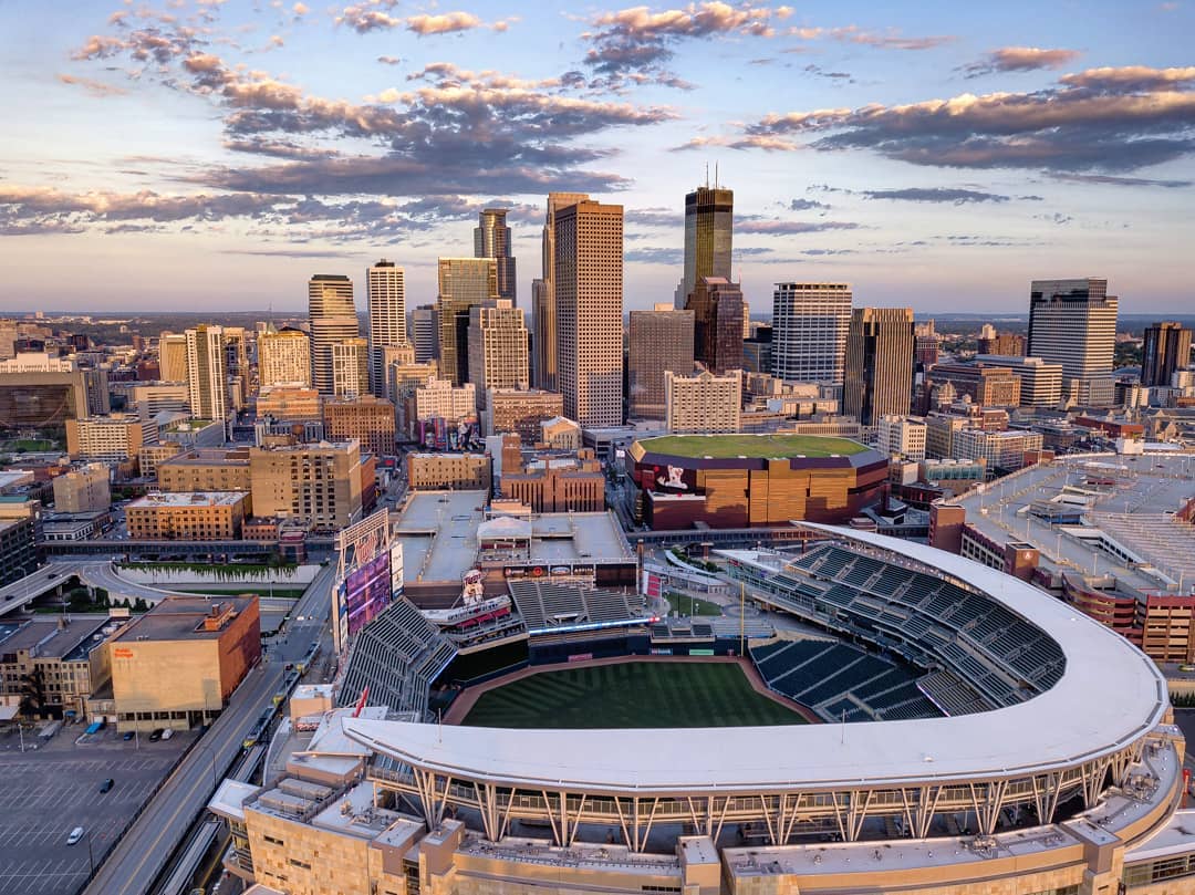Aerial view of Downtown Minneapolis and Target Field. Photo by Instagram user @montenegrocra