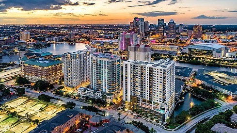 Aerial view of Downtown Tampa at night time. Photo by Instagram user @hfflp