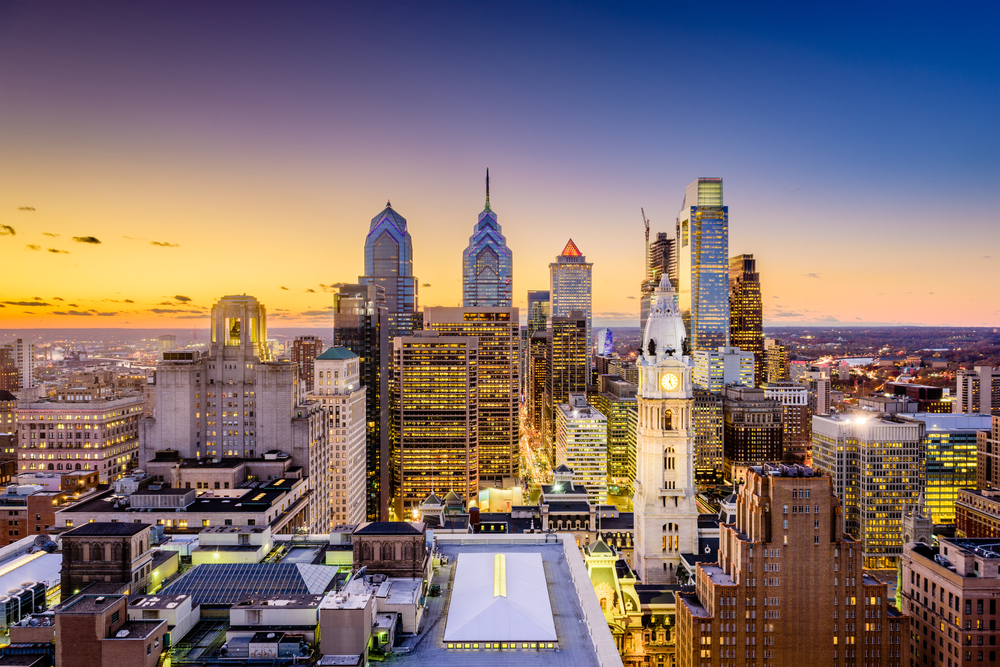 Skyline of Downtown Philadelphia at sunset