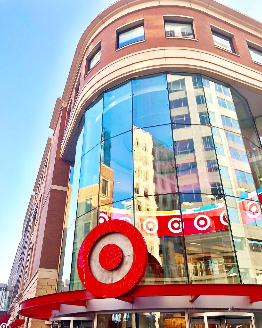 Front of Target Headquarters with a giant Target sign in Downtown Minneapolis. Photo by Instagram user @hoffmanjon