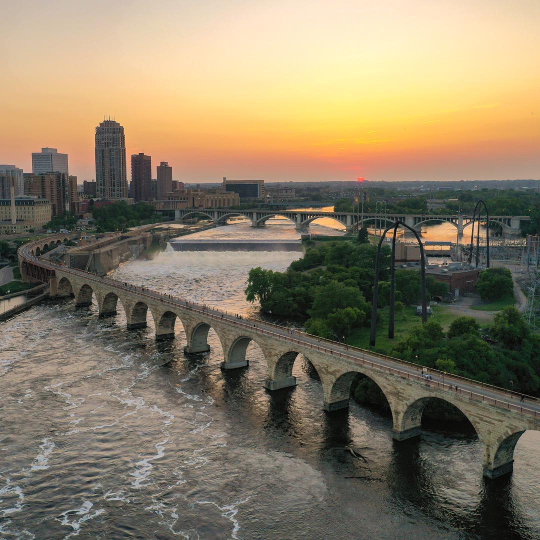 Aerial view of the Minnesota Riverfront at sunset. Photo by Instagram user @mikeboudreaux