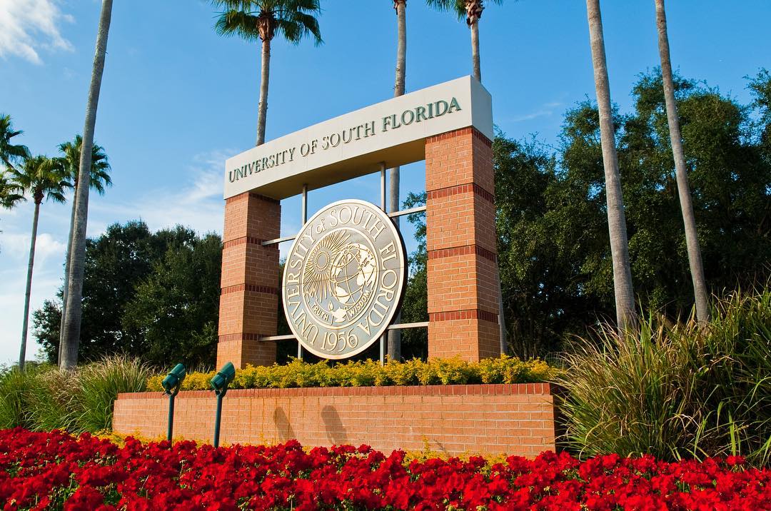 Brick sign with red flower in front of the University of South Florida. Photo by Instagram user @usouthflorida
