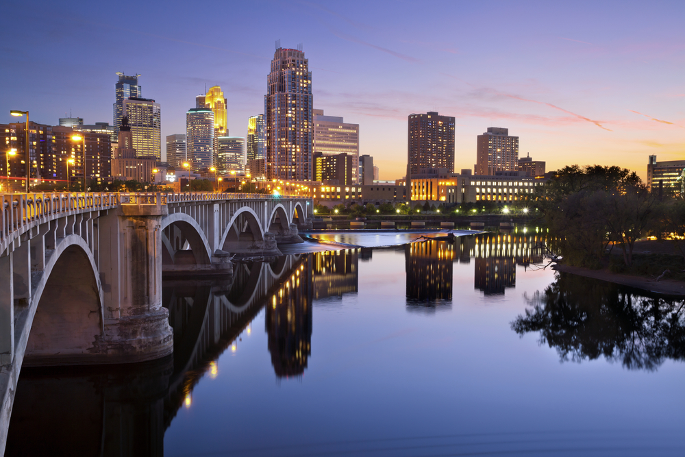 Skyline of Downtown Minneapolis at sunset