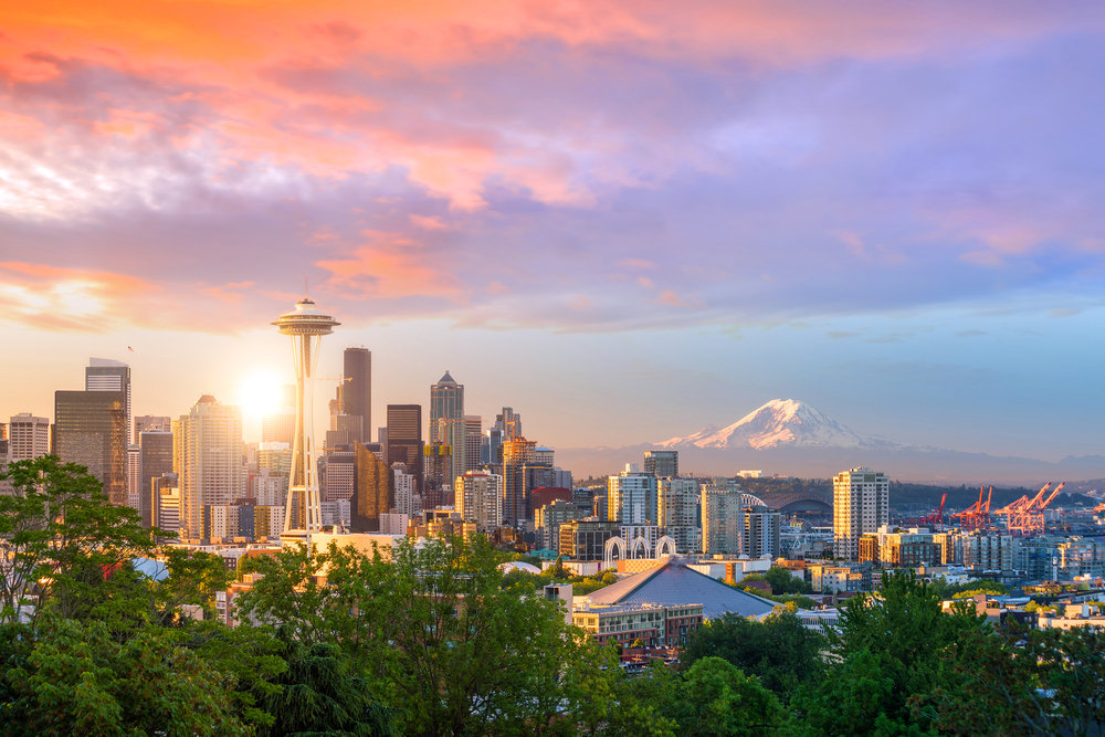 Skyline of Downtown Seattle at sunset