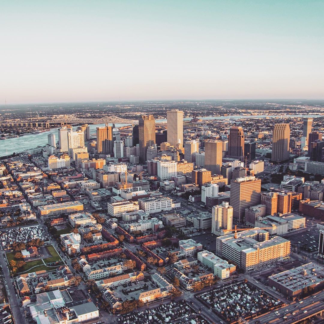 Aerial view of skyscrapers in Downtown New Orleans. Photo by Instagram user @barracokevin