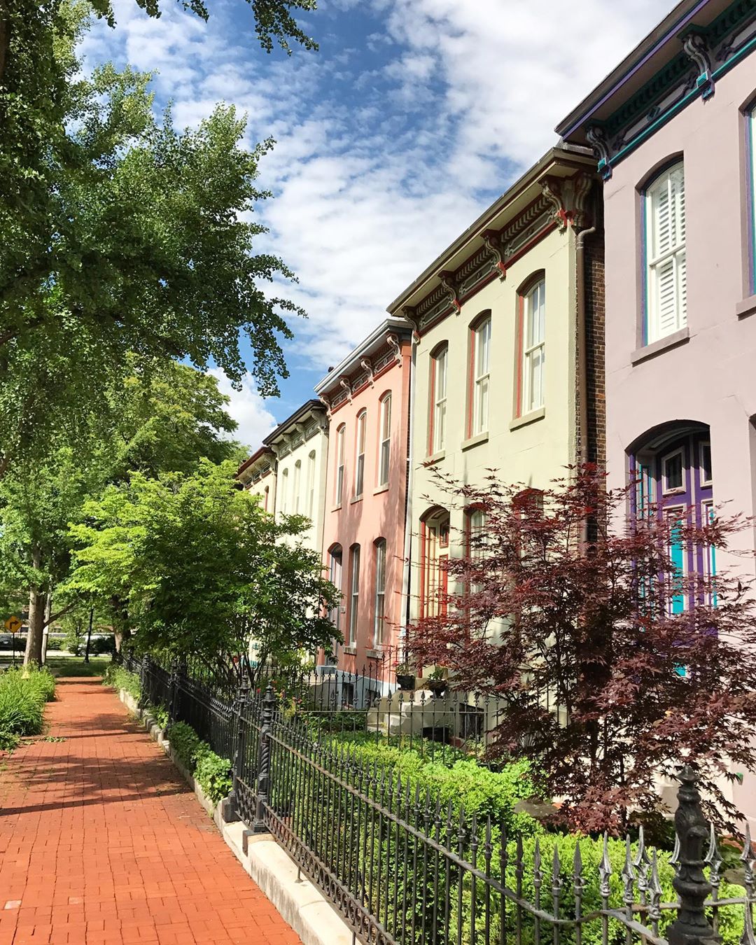 Purple, yellow, and pink rowhouses on a sunny day in Lafayette Square, St. Louis. Photo by Instagram user @yourcoachmeg