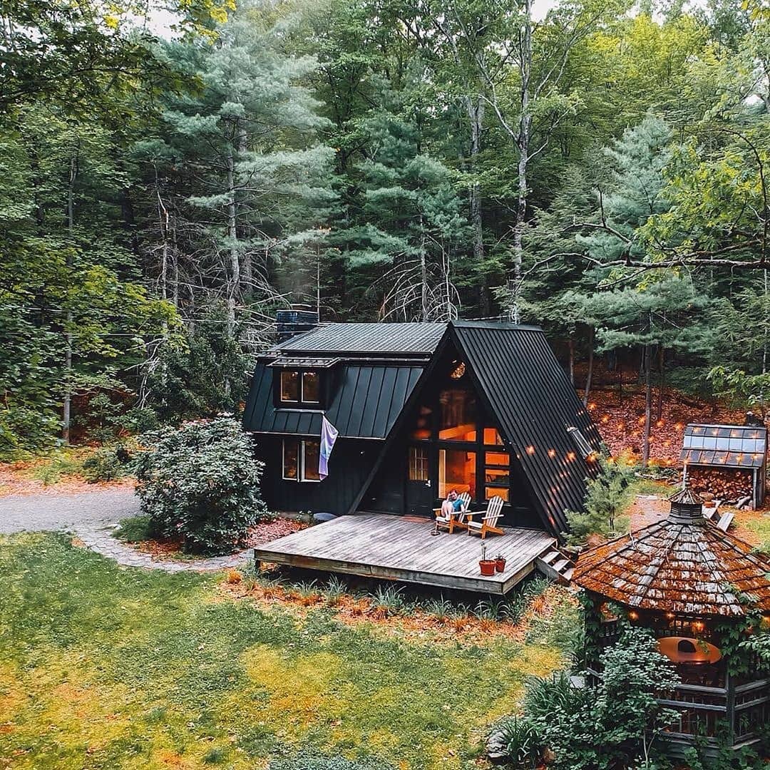 A-frame cabin in Kerhonkson, NY. Photo by Instagram user @dirtandglass