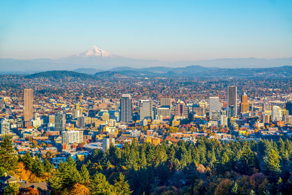 Skyline of Downtown Portland and the mountains