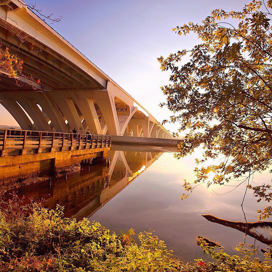 A gorgeous sunset view of the Woodrow Wilson Bridge at Jones Point Park. Photo by Instagram user @visitalexva.