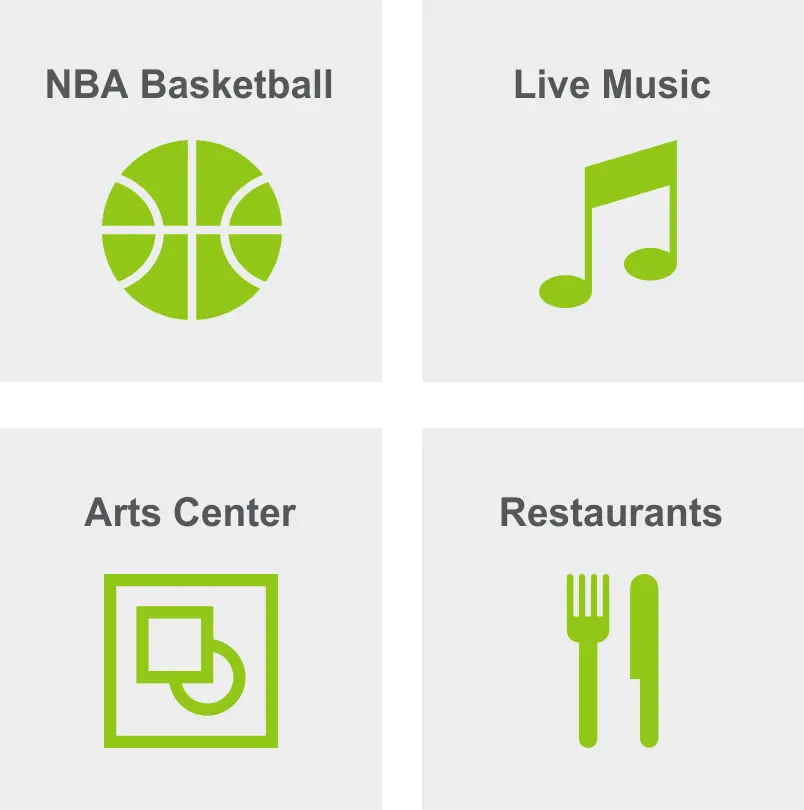 Activities in First Ward include NBA basketball, live music, an arts center, and restaurants.