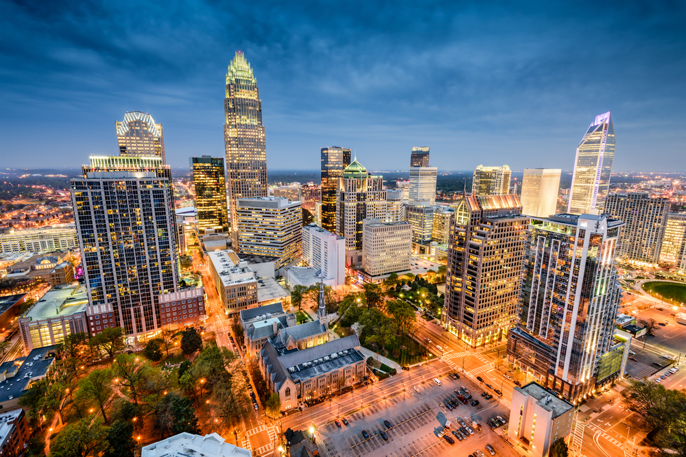 Aerial view buildings in Downtown Charlotte at night