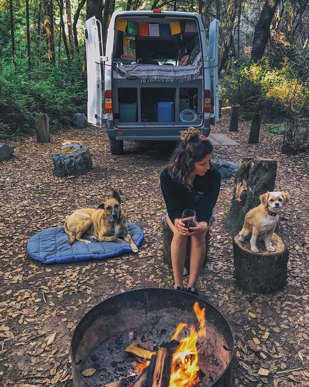 Girl sitting outside of her van with her dogs. Photo by Instagram user @noel_russ