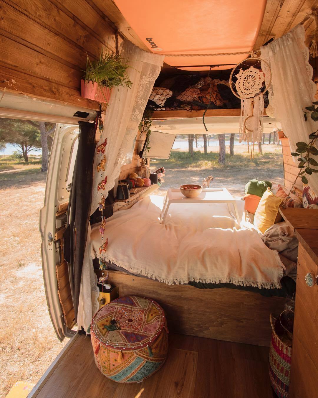 Plants hanging in a van with a white bed. Photo by Instagram user @susicruzz