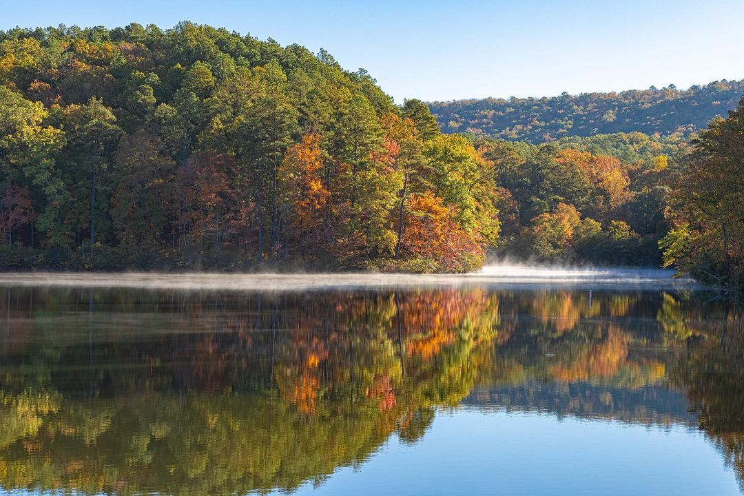Trees line a body of water at Oak Mountain State Park. Photo by Instagram user @objectivityrach.