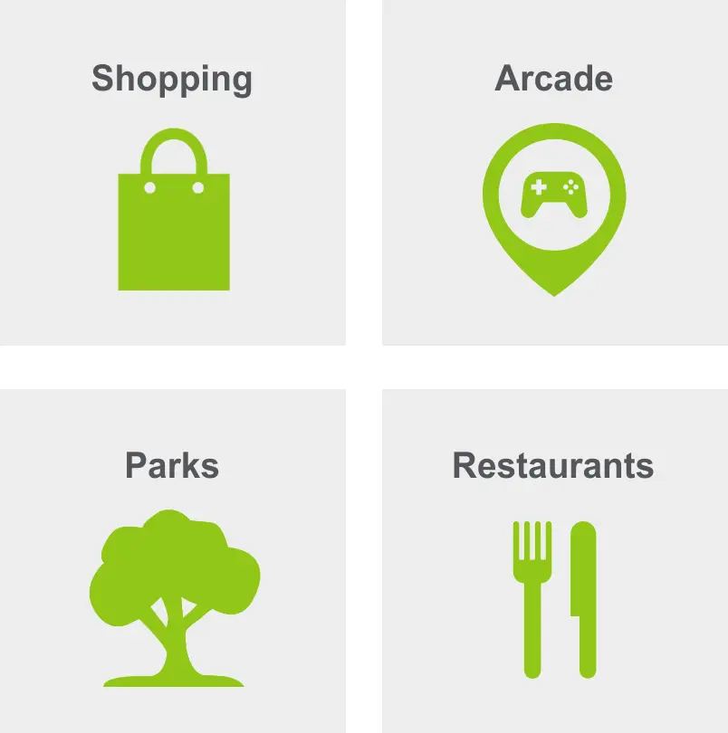 Things to do in North University include shopping, an arcade, parks, and restaurants.