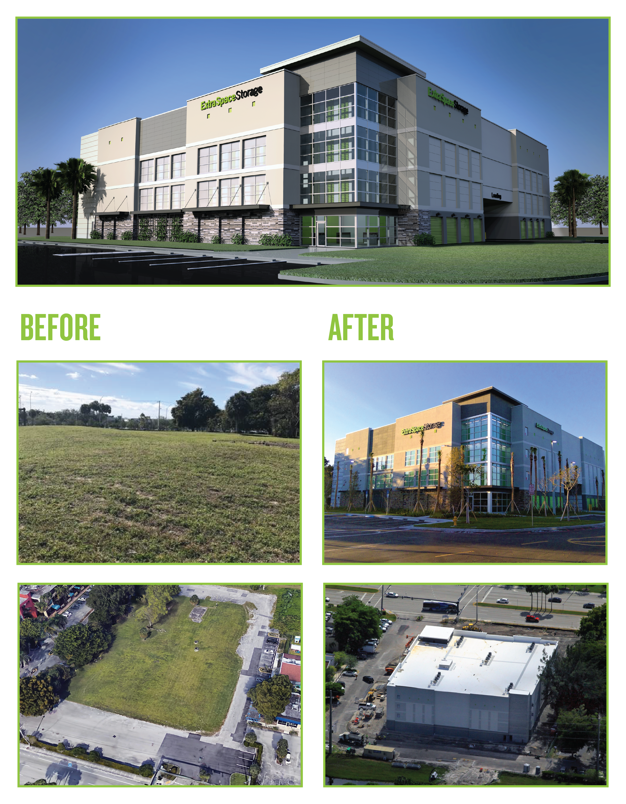 Before and after photos of Extra Space Storage development in Plantation, FL