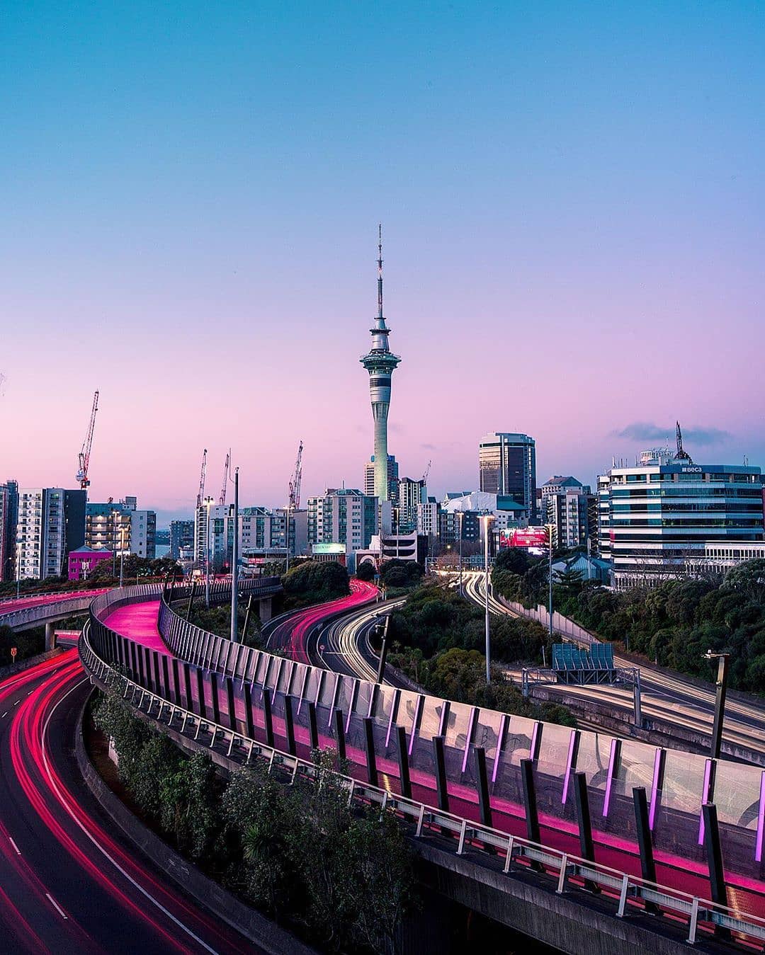 Tall buildings in Auckland, NZ with a purple sunset. Photo by Instagram user @vhthomas