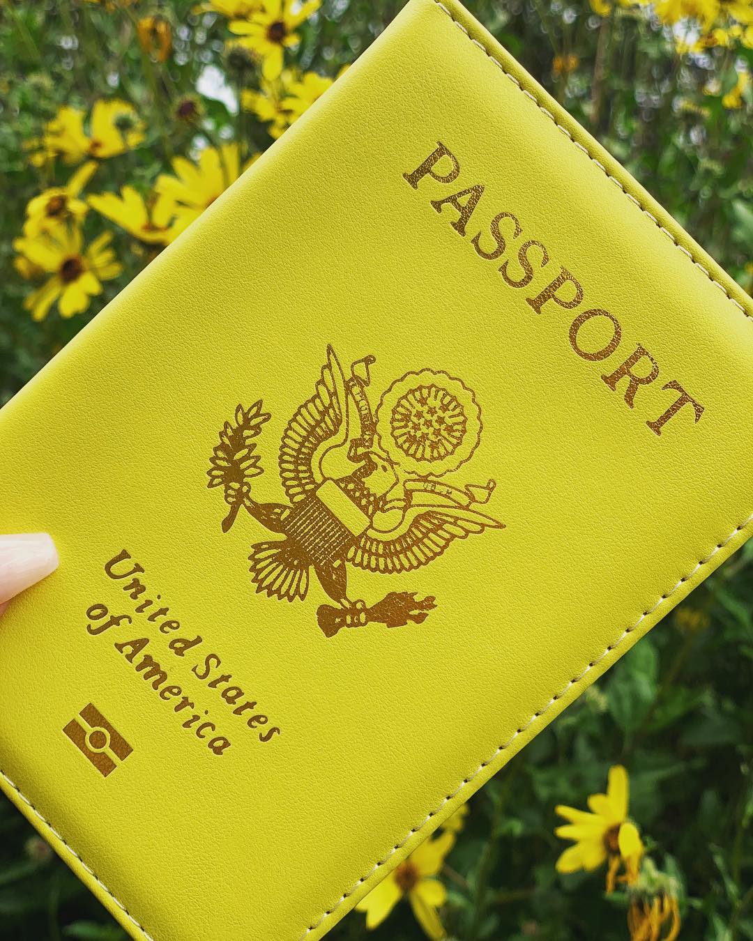 Girl holding a yellow passport. Photo by Instagram user @prettylittlepassports
