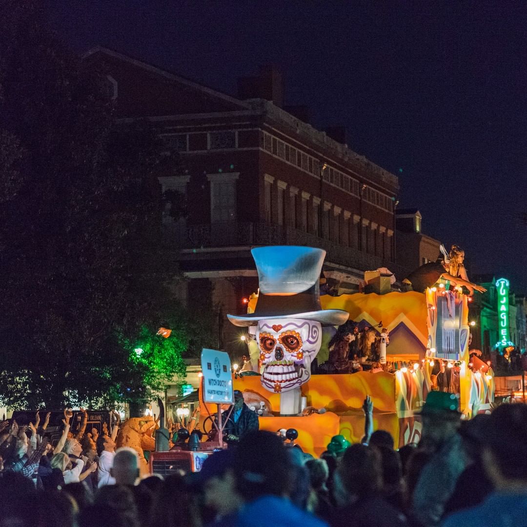 Halloween parade with skeleton float in New Orleans. Photo by Instagram user @visitneworleans