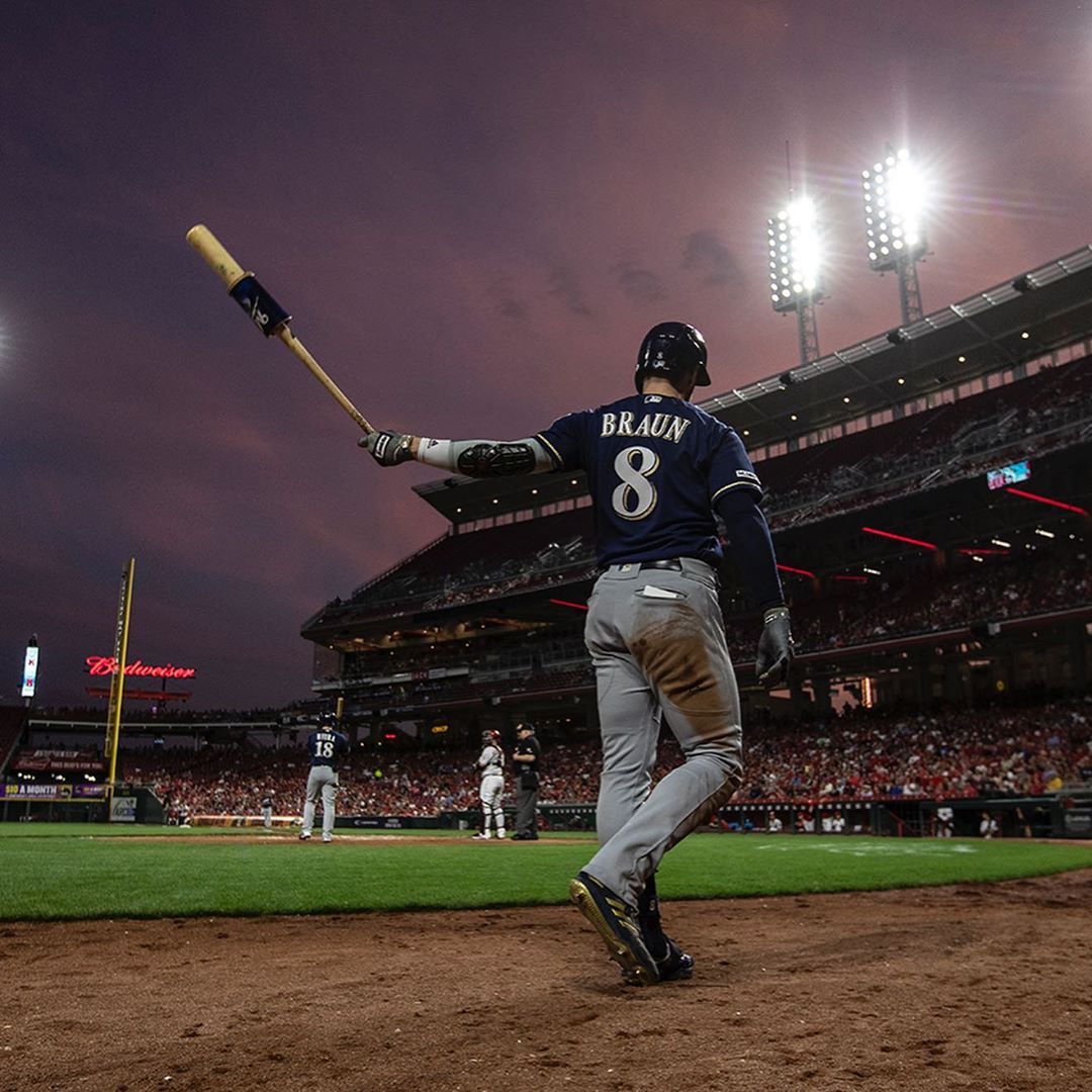 Baseball player approaching home base. Photo by Instagram user @brewers