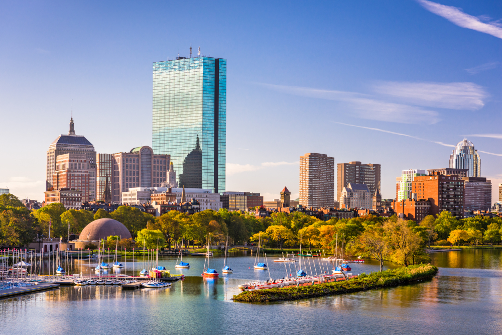 Skyline of tall buildings and trees in Downtown Boston