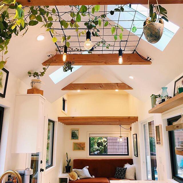 Pequeña casa con tragaluz y plantas que cuelgan del techo.  Foto del usuario de Instagram @ tinyhouse.minimaison