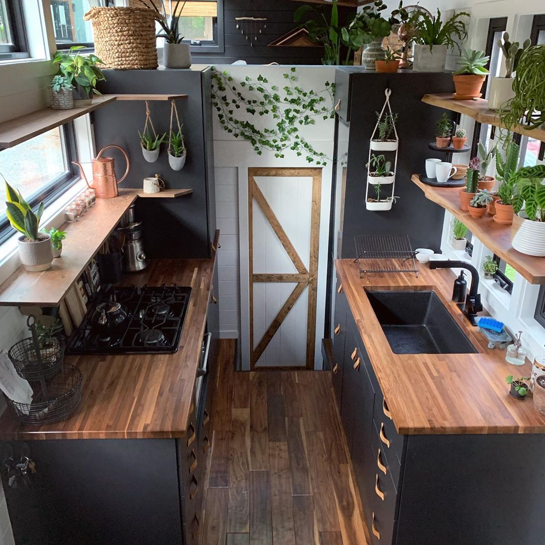Tiny home kitchen with black walls and plant decor. Photo by Instagram user @thatgrackle