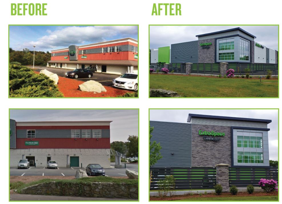 Before and after photos of Extra Space Storage Weymouth self storage facility upgrade