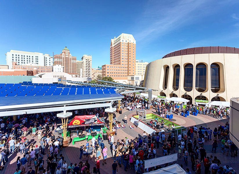Aerial view of people at a festival on sunny day. Photo by Instagram user @suncitycraftbeerfest