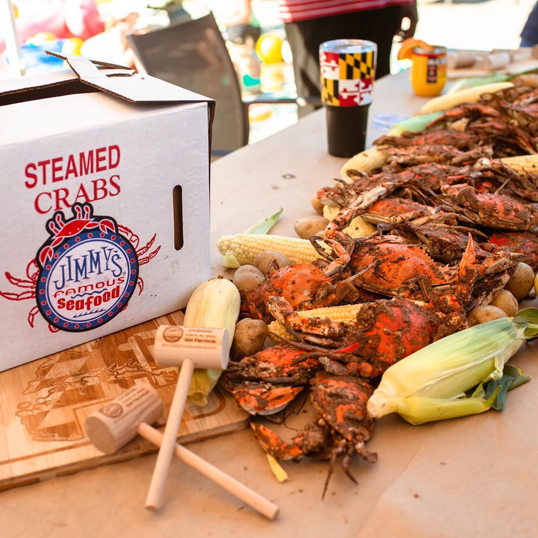 Table full of steamed crabs from Jimmy's Famous Seafood. Photo by Instagram user @jimmysseafood