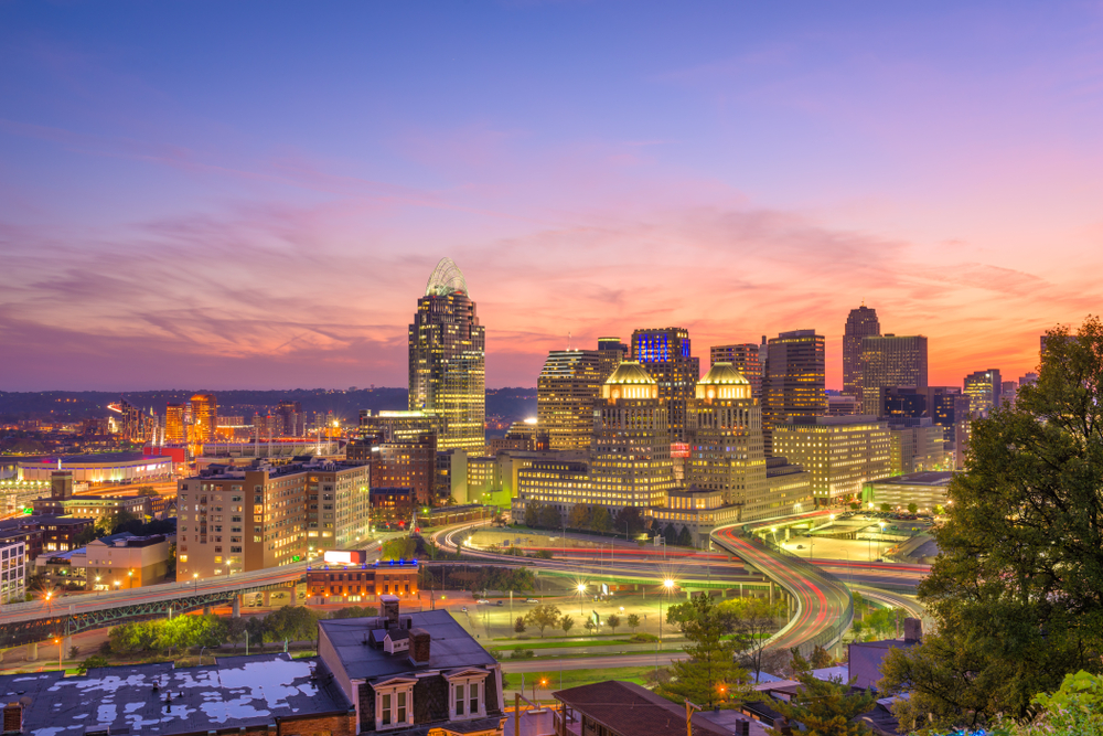 Skyline of buildings in Cincinnati with a sunset