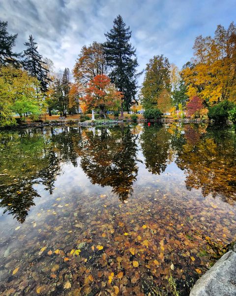 A lake in Wright Park surrounded by fall trees, with a partly cloudy sky above. Photo by Instagram user @adan_one77.