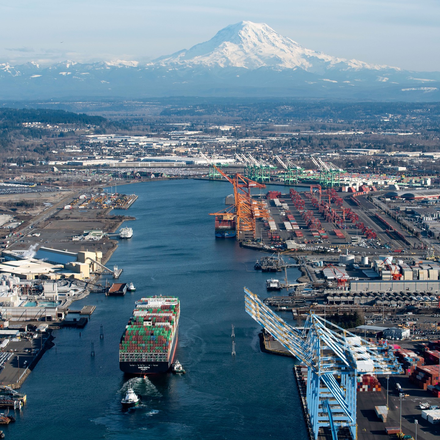 View of Port of Tacoma with Mt. Rainier in the background. Photo by Instagram user @portoftacoma.