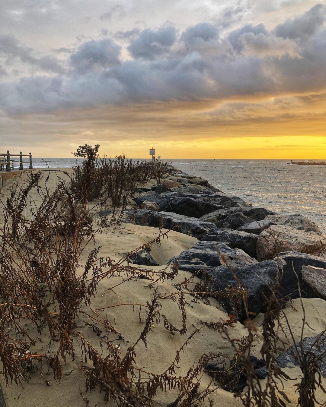 Rocks covered in sand by the ocean at Virginia Beach. Photo by Instagram user @briancoryell