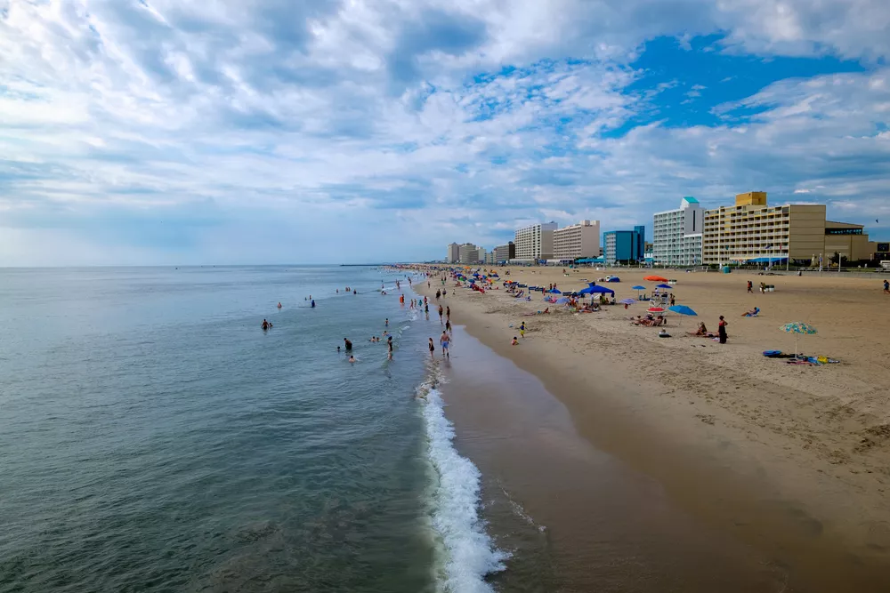 Aerial view of beach and ocean in Virginia Beach.