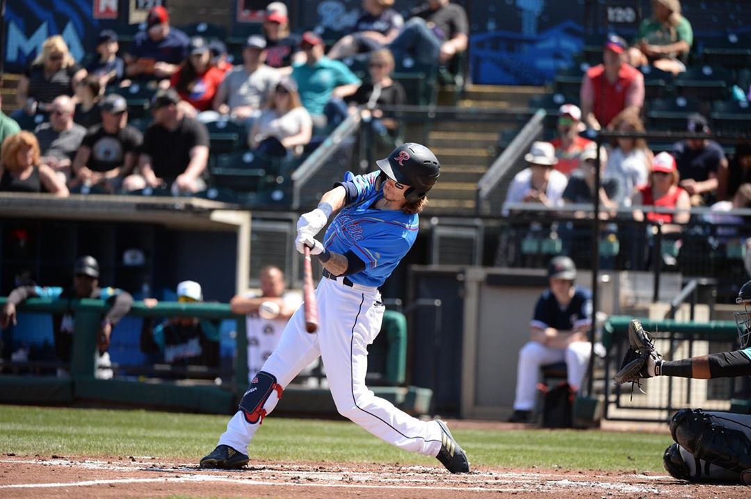 Baseball player on Tacoma Rainiers swinging bat. Photo by Instagram user @tacomarainiers