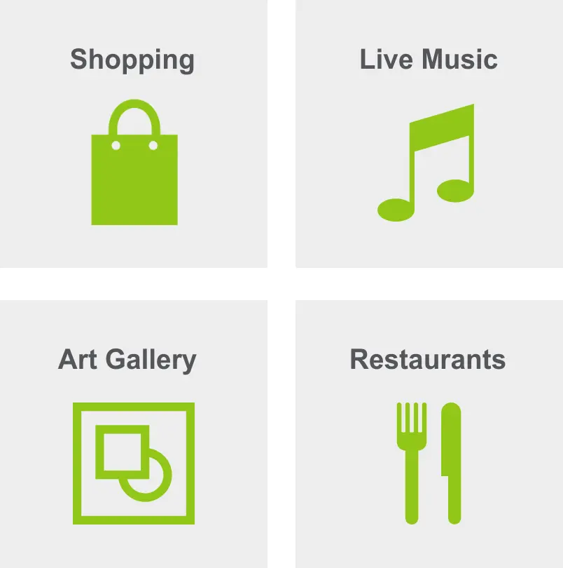 Activities in Williamsburg include shopping, live music, an art gallery, and restaurants. 