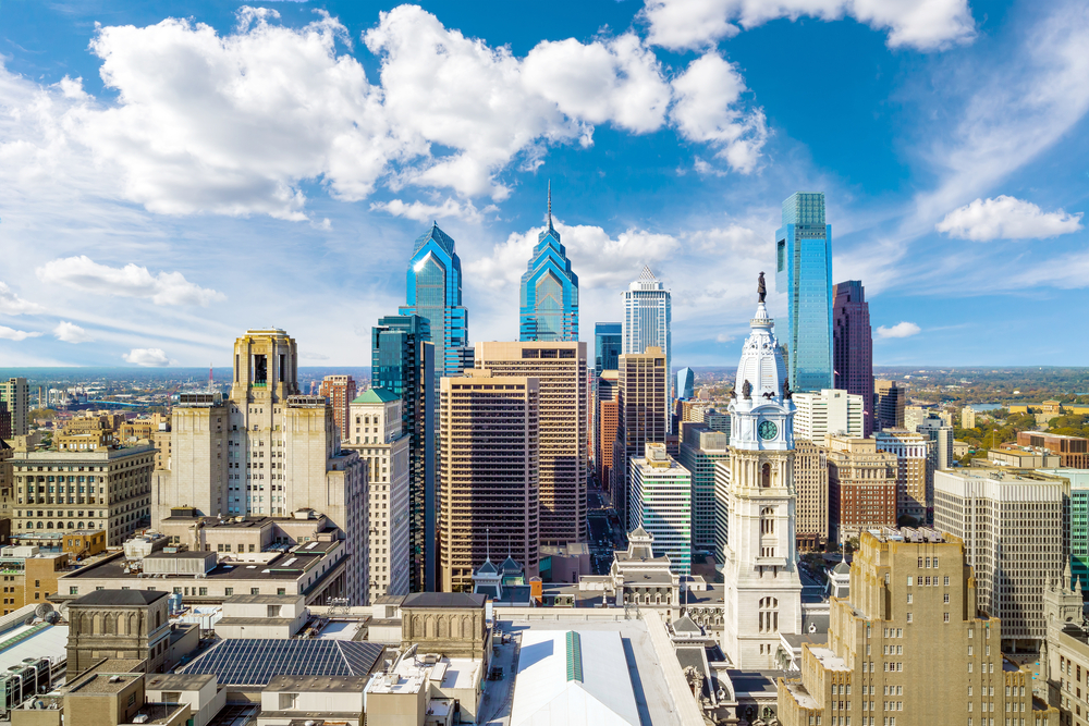Skyline of tall buildings on sunny day in Downtown Philadelphia