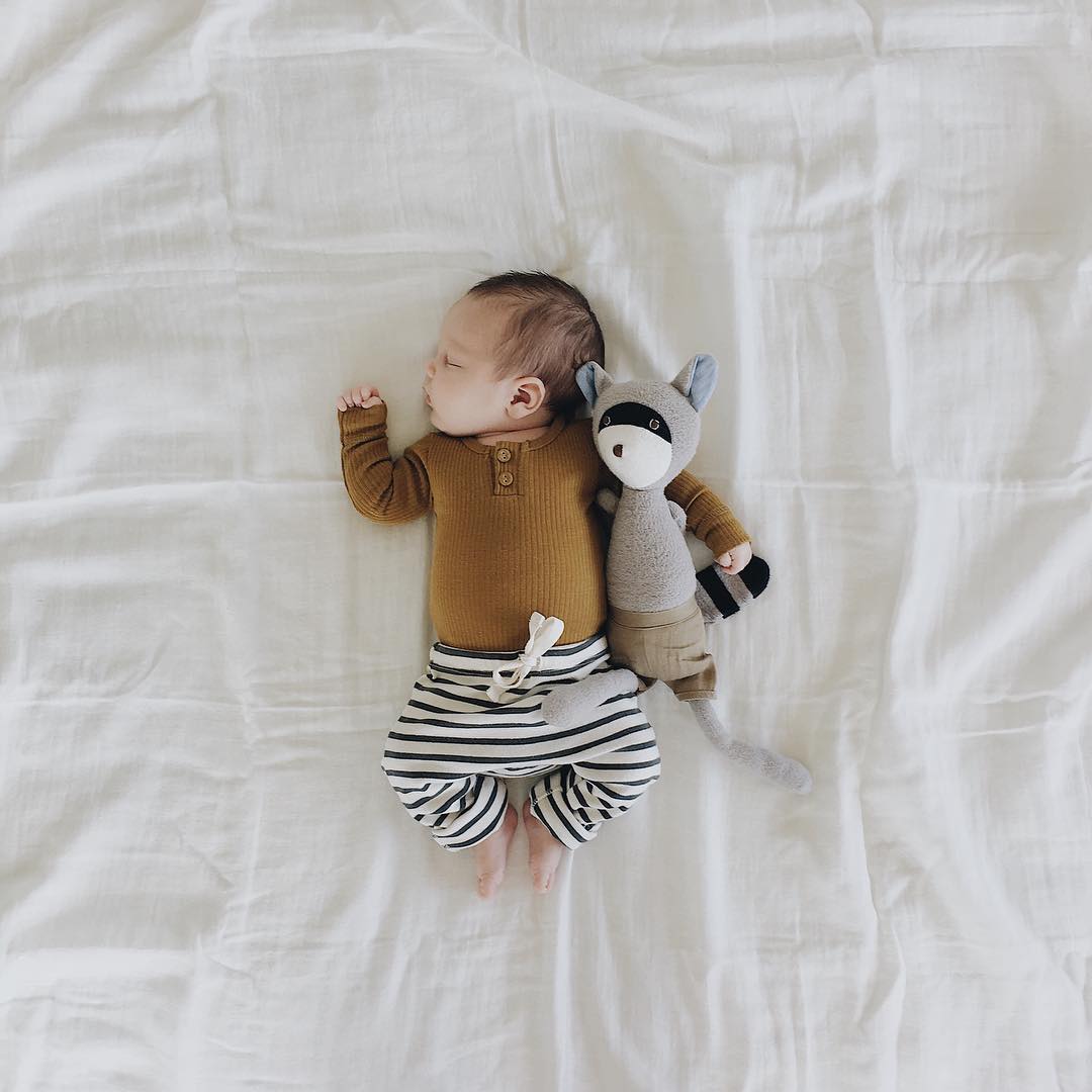 Baby sleeping with a raccoon plush toy. Photo by @kate_makehey
