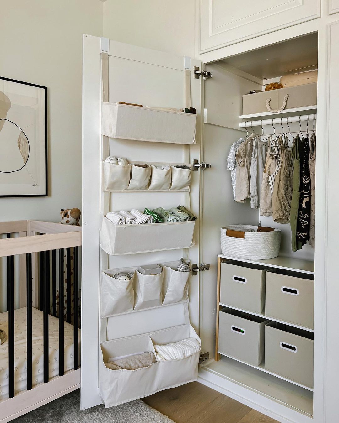 Over the door storage in a nursery closet. Photo by Instagram user @homeyohmy.