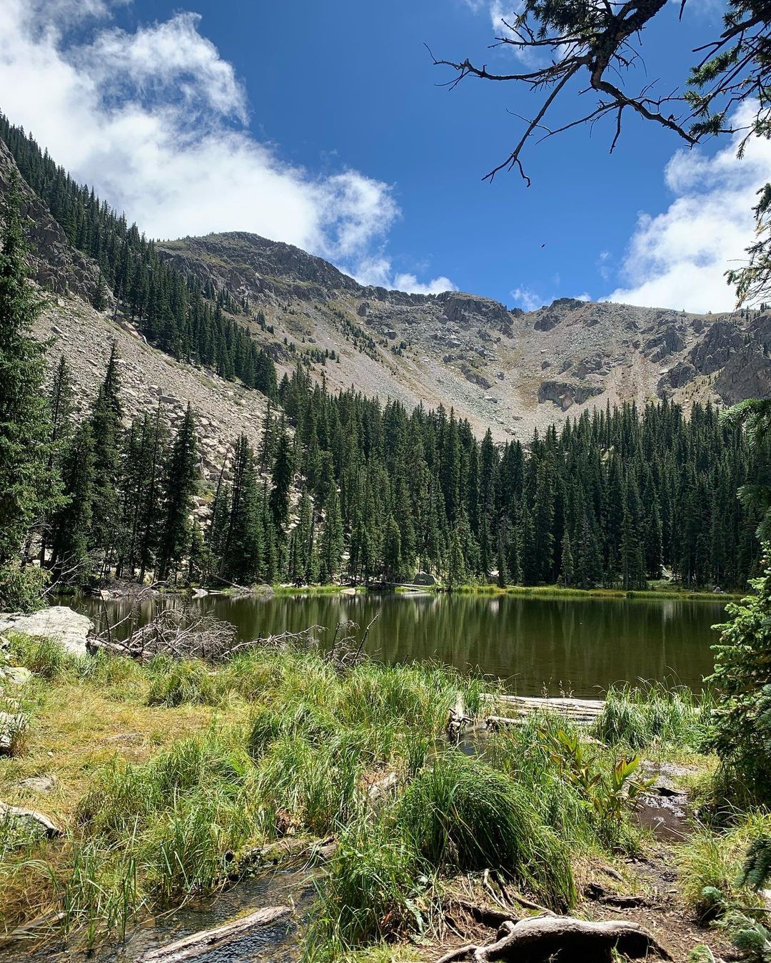 Nambe Lake surrounded by trees and mountains. Photo by Instagram user @leeenterprises.