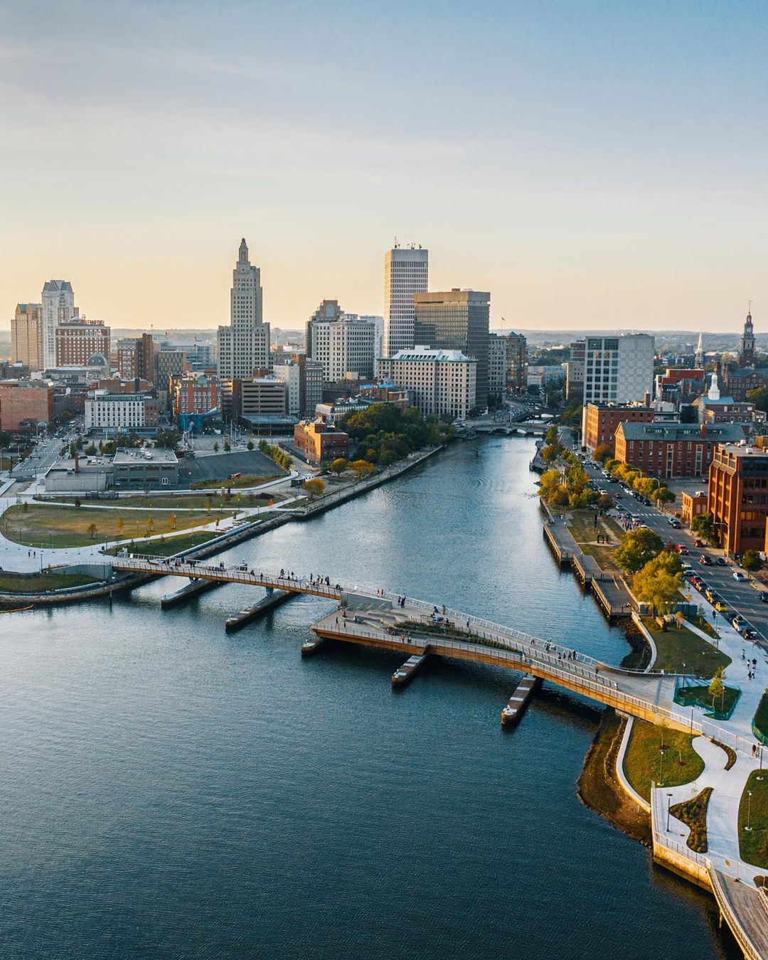 Providence RI from a drone skyline with Providence River in view photo by Instagram user @hankvzn