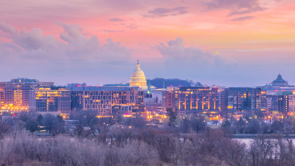 Washington, DC, skyline at dusk with Capitol Building in view
