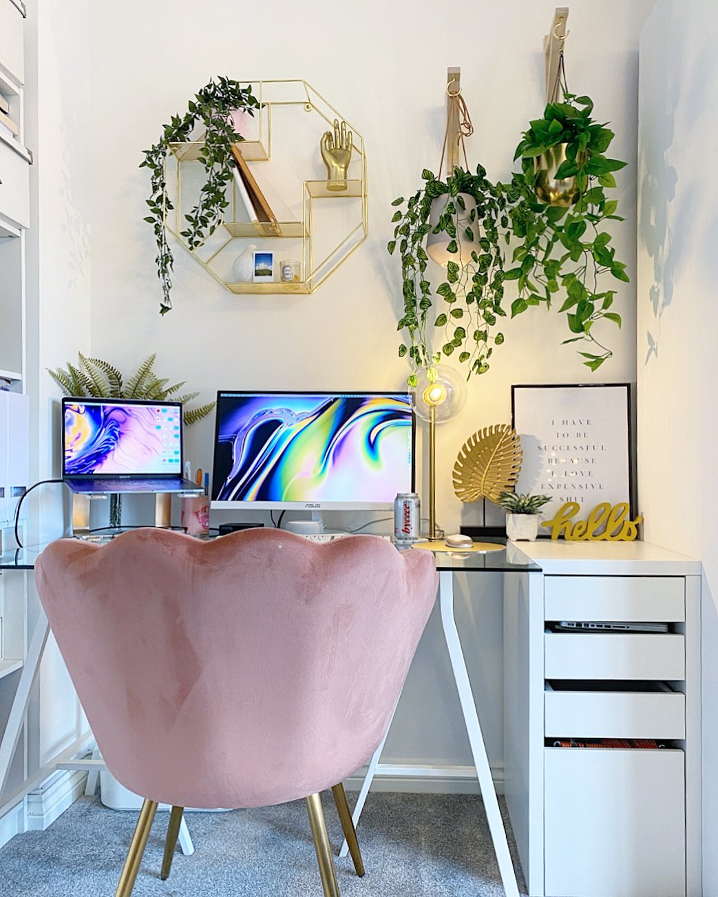 home office with glass desk and odd chair photo by Instagram user @_ohabode