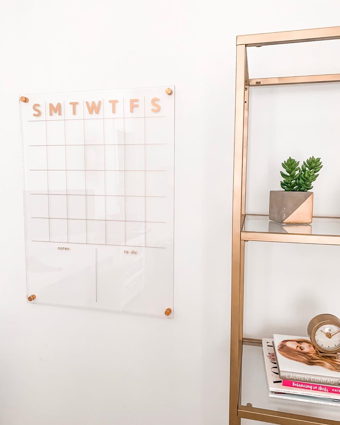 clear plexiglass wall planner with rose gold photo by Instagram user @mrsandsis