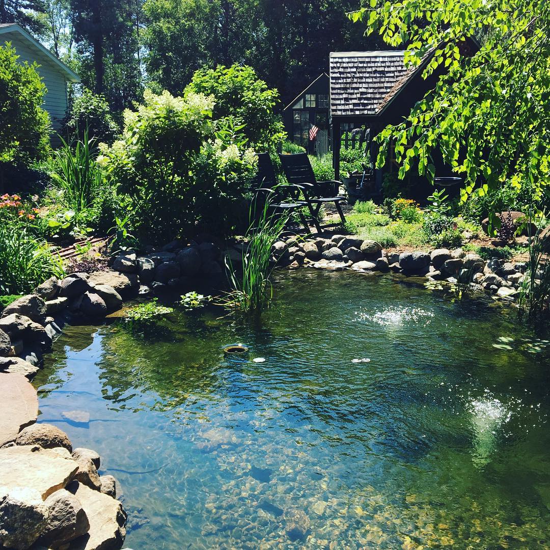 backyard pond feature built into landscaping photo by Instagram user @downtoearthdigs