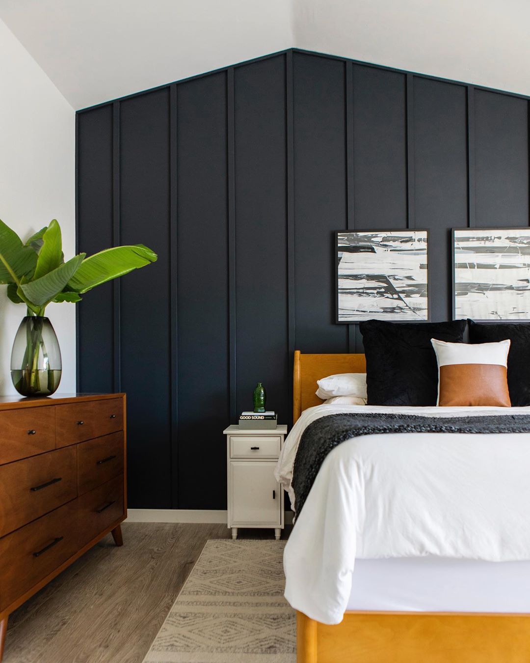 feature wall with blue board and batten in bedroom photo by Instagram user @highandtightdesign
