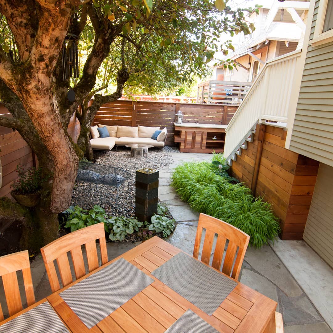 Backyard with no grass throughout and rocks used instead.